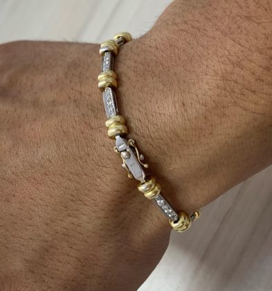 Pulso Rustico Con Diamantes 83 pts Oro Blanco Y Amarillo 18K Italy 14.2 gr 18.5cm