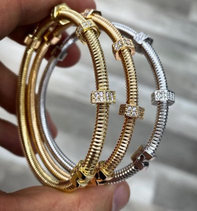 Pulso Aro Tornillo Con Swarovski Oro Blanco 18K Italy 13.1 gr 19 cm