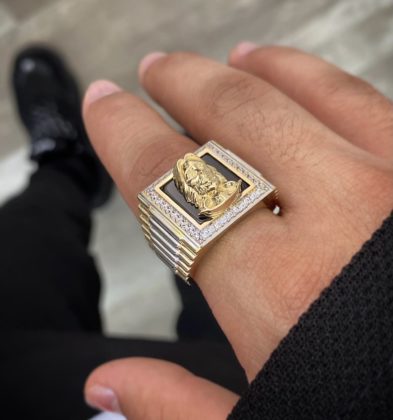 Anillo Rostro De Jesús Con Swarovski Oro Amarillo Y Blanco 18k Italy 11.5gr Talla # 10