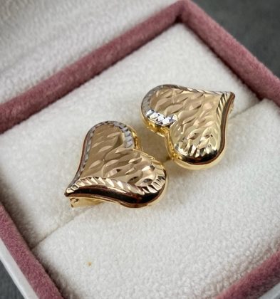 Aretes Corazón Diamantado Dos Oros 18k Italy 3.1gr 16.5mm