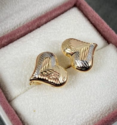 Aretes De Corazón Diamantados Tres Oros 18k Italy 2.6gr 15mm