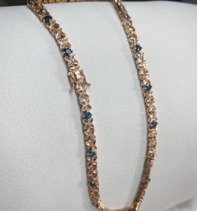 40 cm Cadena Gargantilla Rustica En Flor Con Diamantes Azules 340 Pts Oro Rosa 18K 47.2 gr 5mm