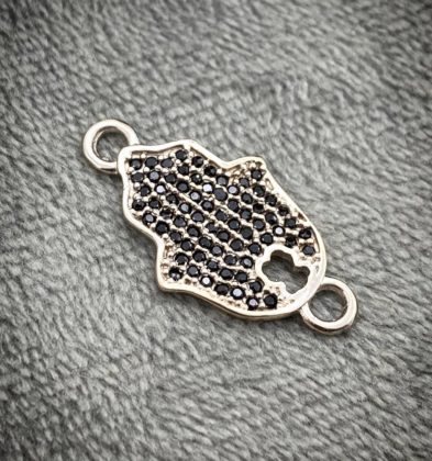 Herraje De Mano Hamsa Con Swarovski Negro Oro Blanco 18k 2.1gr 2.4cm