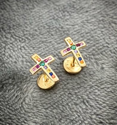 Topos De Cruz Con Swarovski Oro Amarillo 18k 1.1 gr 10.4 mm