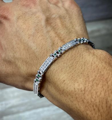 Pulso Tejido Rustico Oro Blanco 18k 750 Con Esmeraldas 0.47Qts , Diamantes 1.60Qts 22.1gr 19.5cm