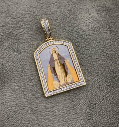 Dije En Placa De La Virgen Milagrosa con Swarovski Blanco En Oro Amarillo 18K italy 5.5gr