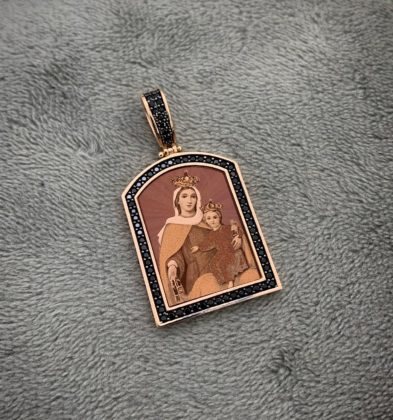 Dije En Placa De La Virgen Del Carmen Con Swarovskis Negros En Oro Rosado 18K Italy 4.85gr