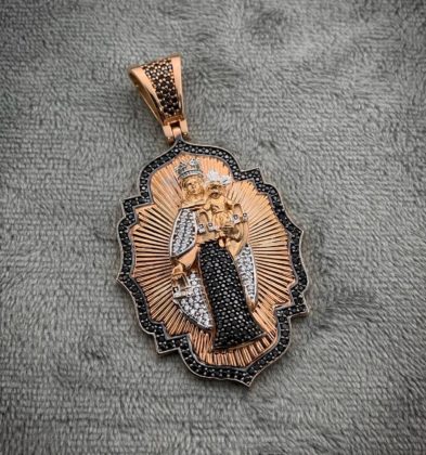 Dije De La Virgen Del Carmen Con Swarovski Negro Oro Rosa Y Blanco 18k 16.15gr 6 cm
