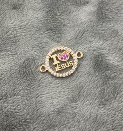 Herraje  “I Love jesus” con swarovskis fucsia claro multicolor en Oro Amarillo 18K 1.25gr