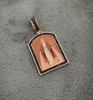 Dije En Placa De La Virgen Milagrosa Con Swarovskis Negros En Oro Rosado 18K Italy 5.0gr