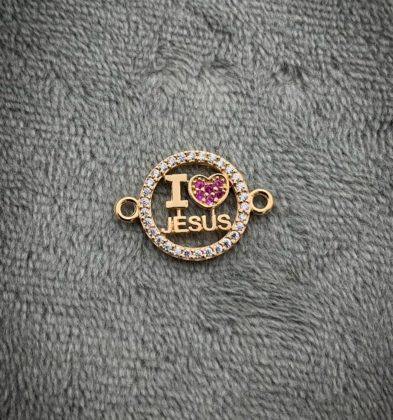 Herraje  “I Love jesus” con swarovskis Fucsia multicolor en Oro Amarillo 18K 1.25gr