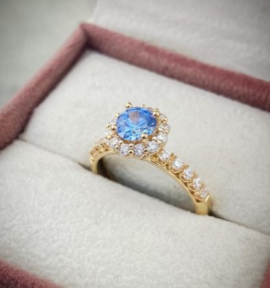 Solitario Con Swarovski Azul Oro Amarillo 18k 4.5gr #7 1/2