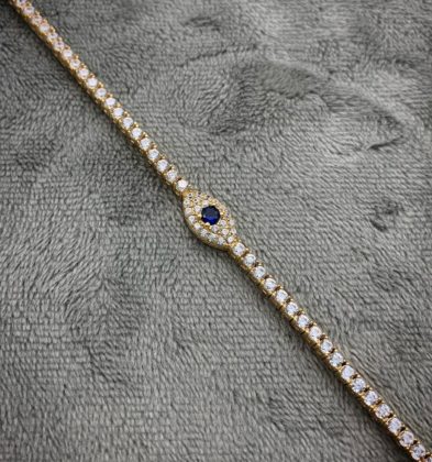 Tobillera Tennis Con Ojo Turco Swarovski Blanco Oro Amarillo 18k Italy 11.8gr  25 cm