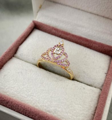 Anillo De Corona De 15’s Con Swarovski Rosado Oro Amarillo Y Blanco 18k 2.7gr #6 1/2