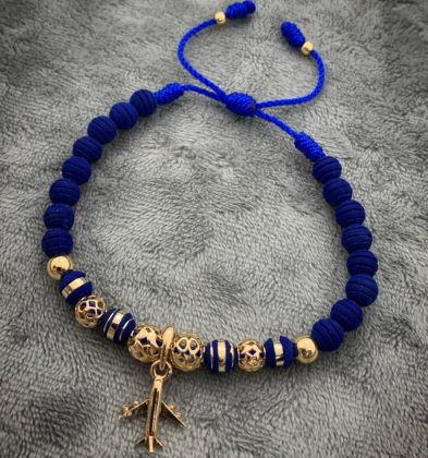 Pulsera En Hilo Azul Con Dije De Avion Oro Amarillo 18k