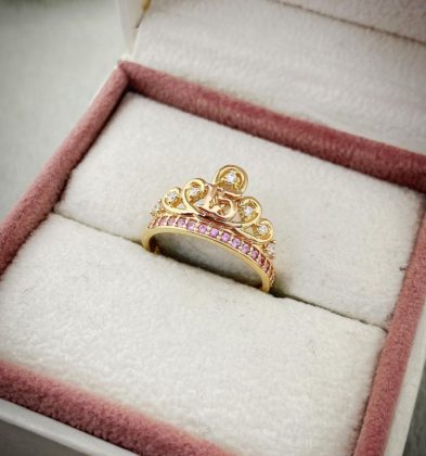 Anillo De Corona De 15’s Con Swarovski Blanco Y Rosado Oro Amarillo 18k 3.1gr #5 1/2