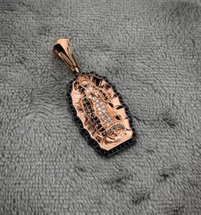 Dije De Virgen De Guadalupe Con Swarovski Negro Oro Rosa 18k 5.2gr 3.6cm