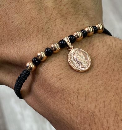 Pulsera En Hilo Negro Con Dije De Virgen De Guadalupe Oro Rosa 18k